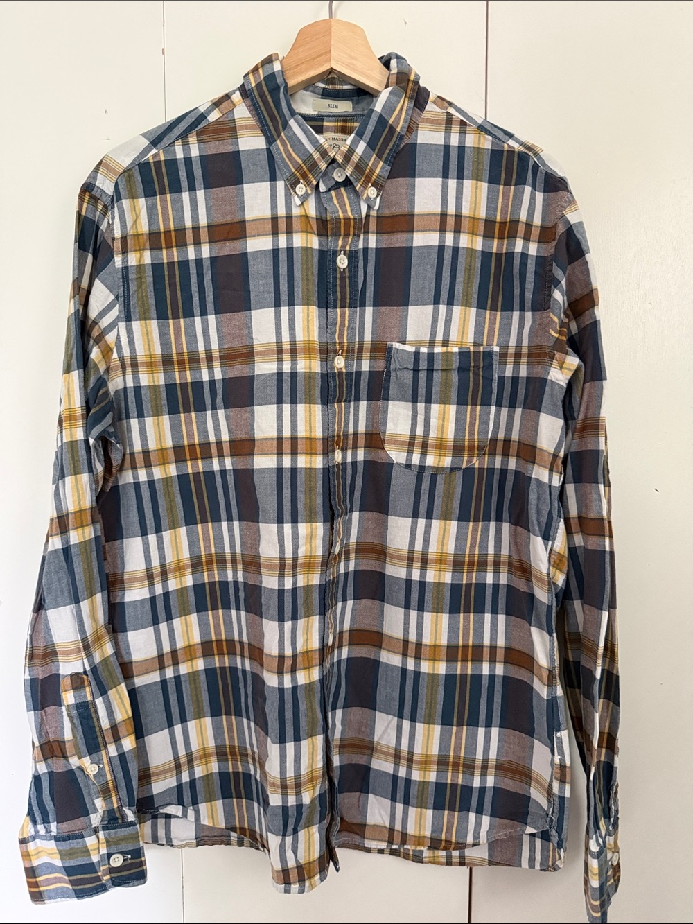 Men's Plaid Button-Down Madras Shirt in Blue, Brown & White L Office Casual